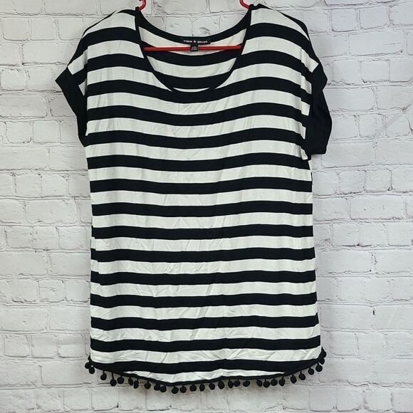 Cable & Gauge Black White Stripe Pom Pom Top Dolman Sleeve Luxe Softness Blouse - Picture 9 of 9